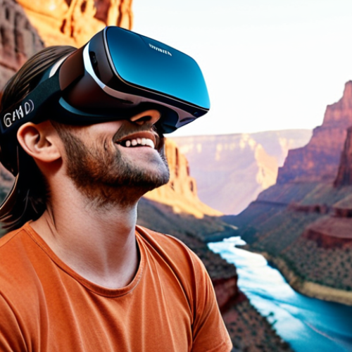 Home 11 **
A person wearing a VR headset, seemingly floating amidst a realistically rendered Grand Canyon landscape. They are smiling slightly, with a sense of awe and wonder in their eyes. Subtle rays of light highlight the canyon walls. Focus on the immersive nature of the experience.
**