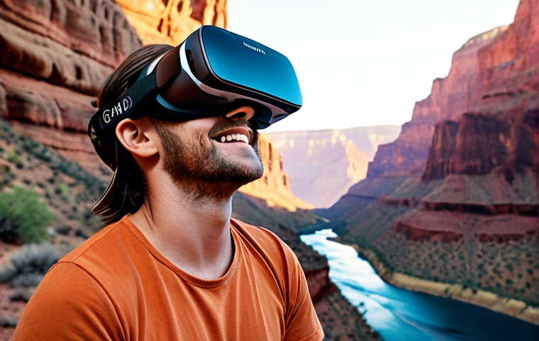 **
A person wearing a VR headset, seemingly floating amidst a realistically rendered Grand Canyon landscape. They are smiling slightly, with a sense of awe and wonder in their eyes. Subtle rays of light highlight the canyon walls. Focus on the immersive nature of the experience.
**