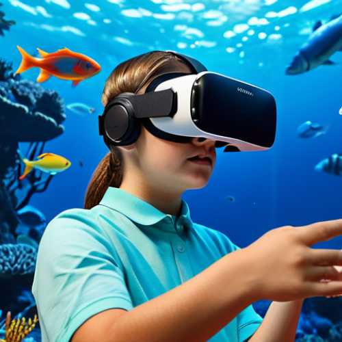 Home 6 A young adult, fully clothed in modest, comfortable attire, is deeply immersed in a virtual reality experience. They wear a sleek, futuristic VR headset, and their expression shows wonder as they perceive a vibrant, photorealistic underwater world with schools of colorful fish swimming past intricate coral reefs. The background subtly blurs into the futuristic, softly lit room, emphasizing the immersive transition. This professional image showcases perfect anatomy, correct proportions, natural pose, well-formed hands, and proper finger count. It is safe for work, appropriate content, and family-friendly, captured with professional photography and high-quality detail.