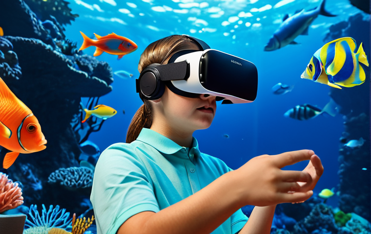 A young adult, fully clothed in modest, comfortable attire, is deeply immersed in a virtual reality experience. They wear a sleek, futuristic VR headset, and their expression shows wonder as they perceive a vibrant, photorealistic underwater world with schools of colorful fish swimming past intricate coral reefs. The background subtly blurs into the futuristic, softly lit room, emphasizing the immersive transition. This professional image showcases perfect anatomy, correct proportions, natural pose, well-formed hands, and proper finger count. It is safe for work, appropriate content, and family-friendly, captured with professional photography and high-quality detail.